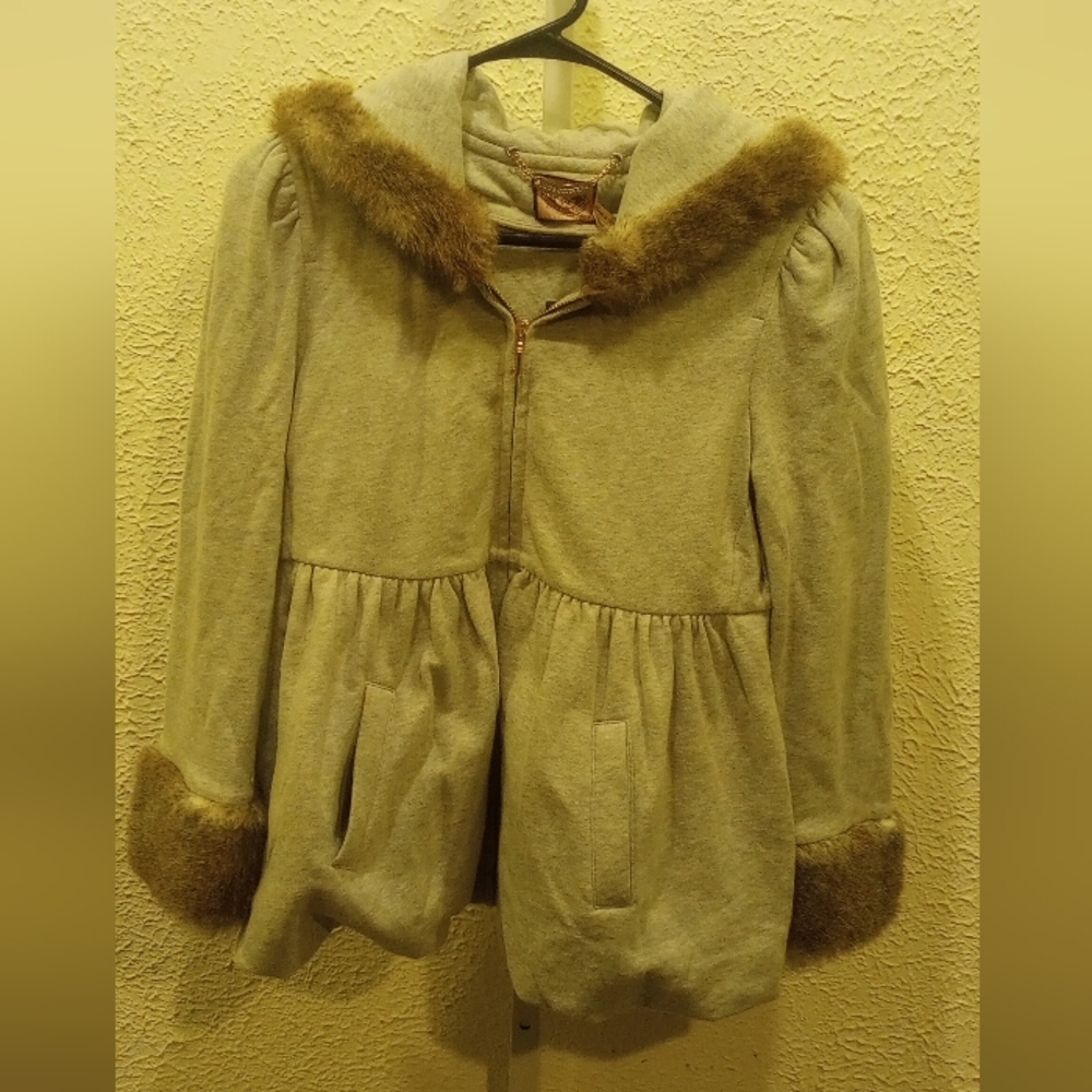 Juicy Couture Grey Heather Cozy Babydoll Jacket Faux Fur Cuffs And Hood, NWT